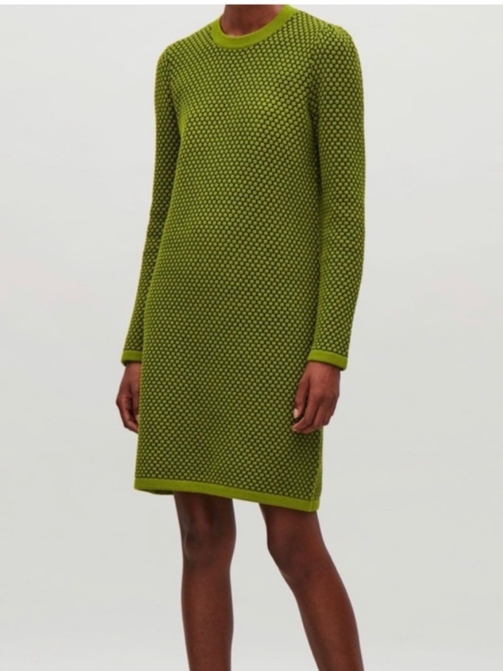 COS Jacquard Knit Sweater Dress Green Black Honeycomb Textured Size XS
